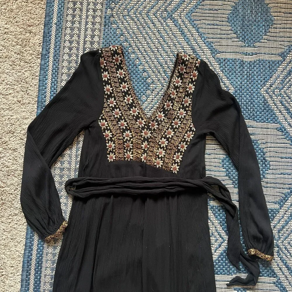 Boho folk embroidered floral romantic goth whimsygoth empire waist midi dress S